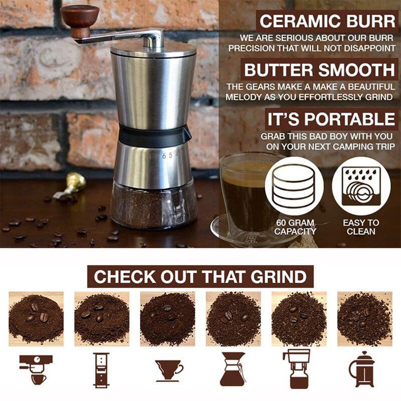 Molinillo de café Manual de acero inoxidable, manivela de molienda de cerámica cónica, molinillo de Café Manual con Cortadores de cerámica