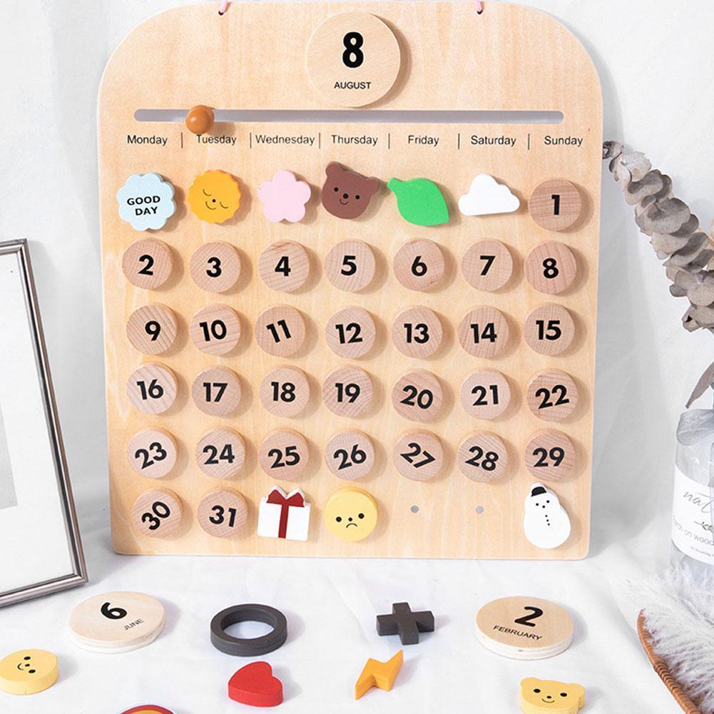 Calendario de pared de madera para niños, calendario con fecha, tiempo, aprendizaje activo, familia, juguetes para niños, Escuela en casa, E4q0