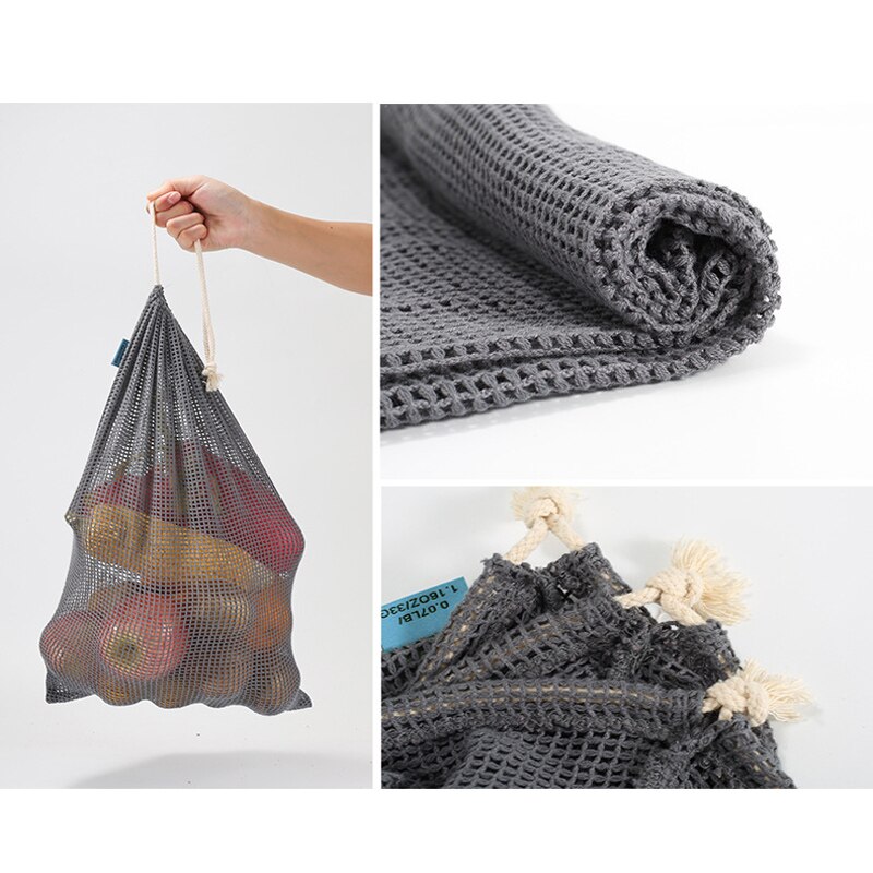 Bolsa de malla de algodón reutilizable bolsas de verduras Eco Produce bolsa de malla de algodón bolsa de almacenamiento de verduras reutilizable bolsas de la compra con cordón