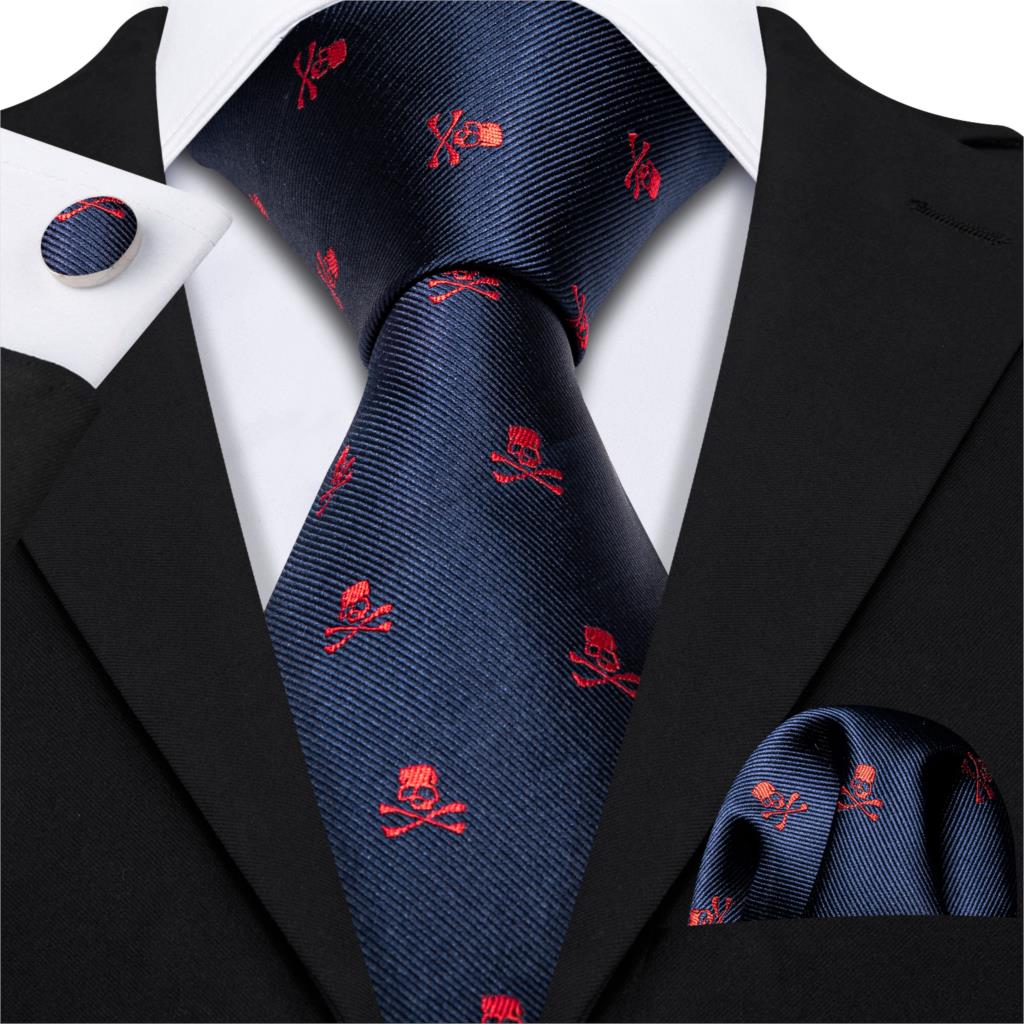 Red Skull Men Tie Set 8.5cm Silk Handkerchief Ties For Men Wedding Business Barry.Wang Gravata Necktie