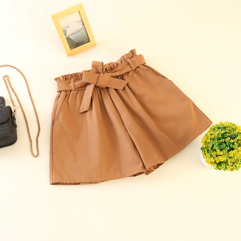Elastic waist tie bow Loose Cotton shorts Womens summer Korean ruffles wide leg shorts for women wild casual Shorts: Khaki