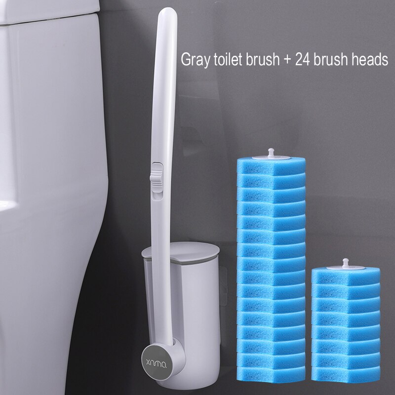 Cabeça de escova substituível da escova do toalete do banheiro descartável e conjunto do êmbolo com punho longo nenhum canto morto escova de limpeza: Gray 24 brush head
