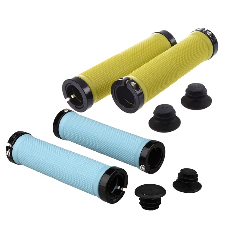 2 Pair Double Road Mountain MTB BMx Bike Cycle Bicycle Lock on Locking Handlebar Grips - Yellow & Blue