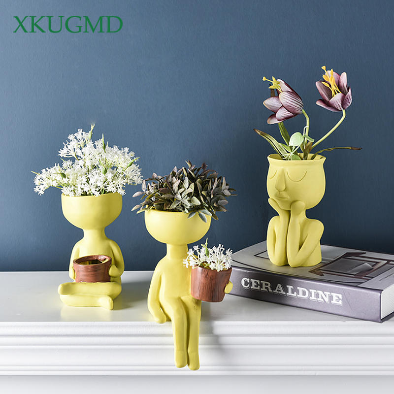 Humanoid Ceramic Flower Pot Character Sitting Posture Sculpture Vase Desktop Flower Arrangement Container Couple Ornaments