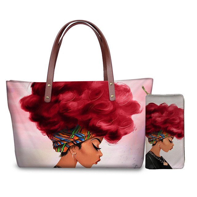 Custom mode 2pcs/set Women Handbags Black Art African Girl Printing Hand Bag&Wallets Ladies Ethnic Top-Handle Bags Females Bolsa: style7