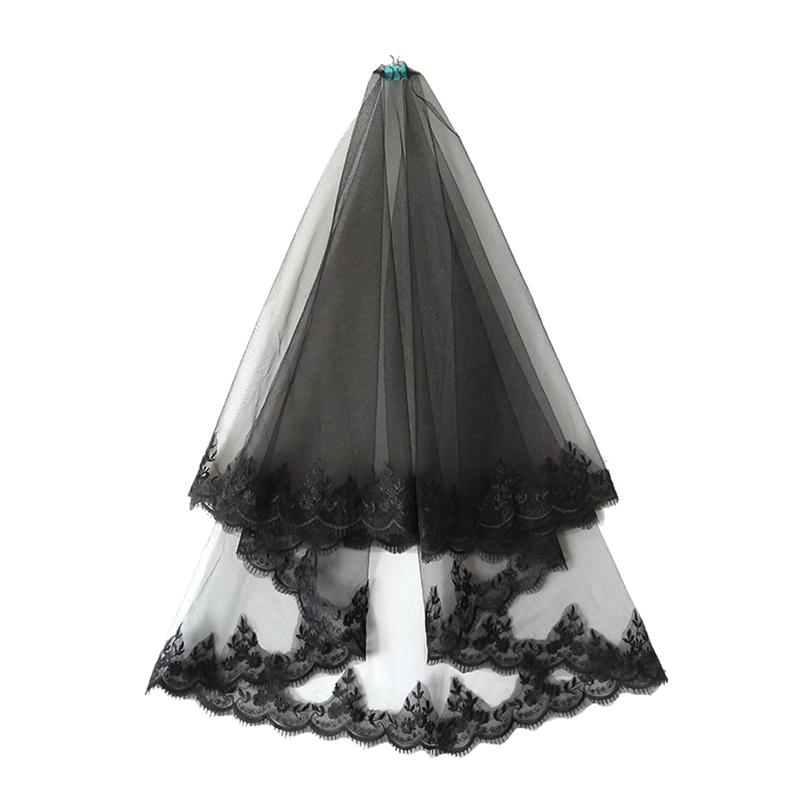 Mooie Zwarte Bruidssluier Elegante Kant Bruid Bruiloft Sluier Gaas Goedkope Bruid Sluier Voor Engagement Bruiloft Huwelijk Accessoires