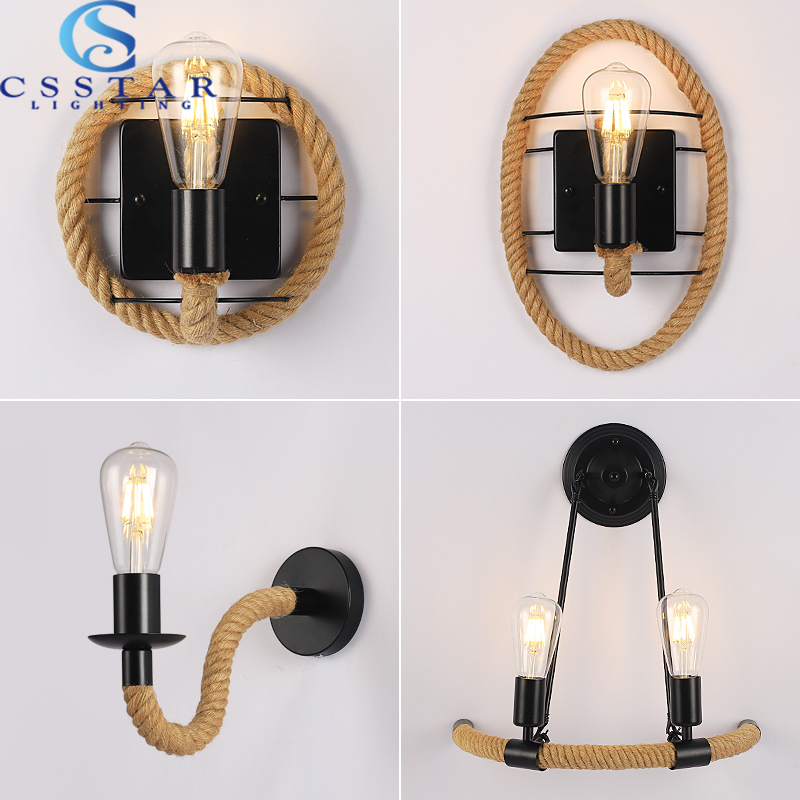 Væglampe i hampereb retrolampe indendørs væglampe loft industriel amerikansk stil  e27 110v 220v værelsesindretning væglampe