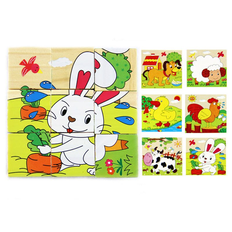 Kid Houten Cartoon Dier Puzzel Speelgoed 6 Zijden Wijsheid Jigsaw Early Education Learning Speelgoed Voor Kinderen Spel 9 Pcs Enkele 3D Puzzel