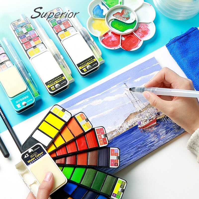 XIUP-Kit de pintura de acuarela sólida portátil en forma de abanico, paleta de pinturas superiores con pincel, suministro de Arte Artístico , H6151