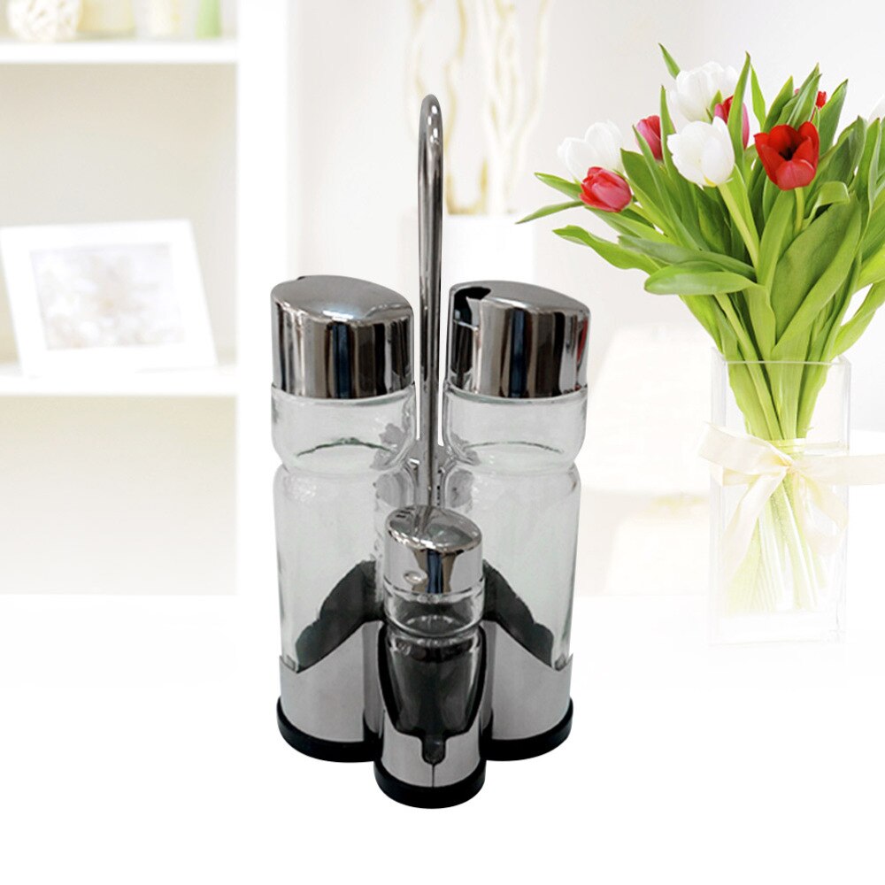 Oil and Vinegar Bottle Set 304 Stainless Steel Cap and Glass Cruet Slat/Pepper Shakers for Kitchen