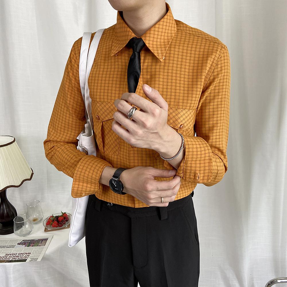 Orange plaid skjorter herre retro slim fit langærmet skjorte mand engelsk stilfuld ternet sommer herre tøj korea tøj: Orange / M
