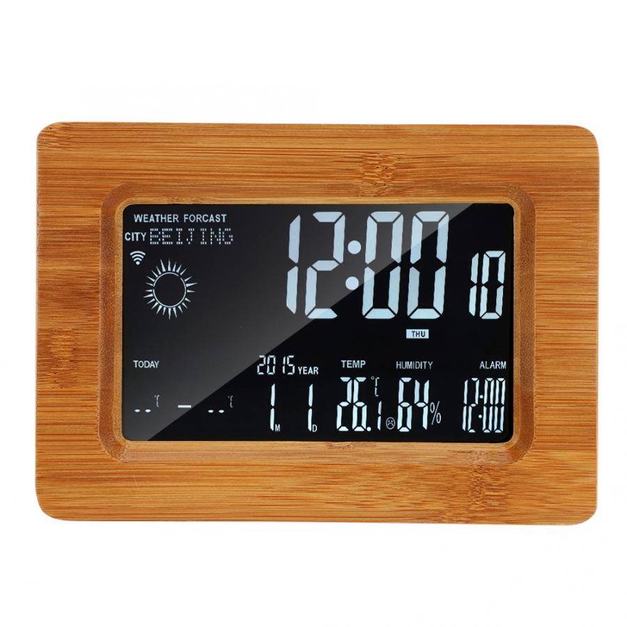 DC 5V Wooden Multi-function WIFI LCD Weather Temperature Humidity Clock 100-240V US Plug Weather Clock