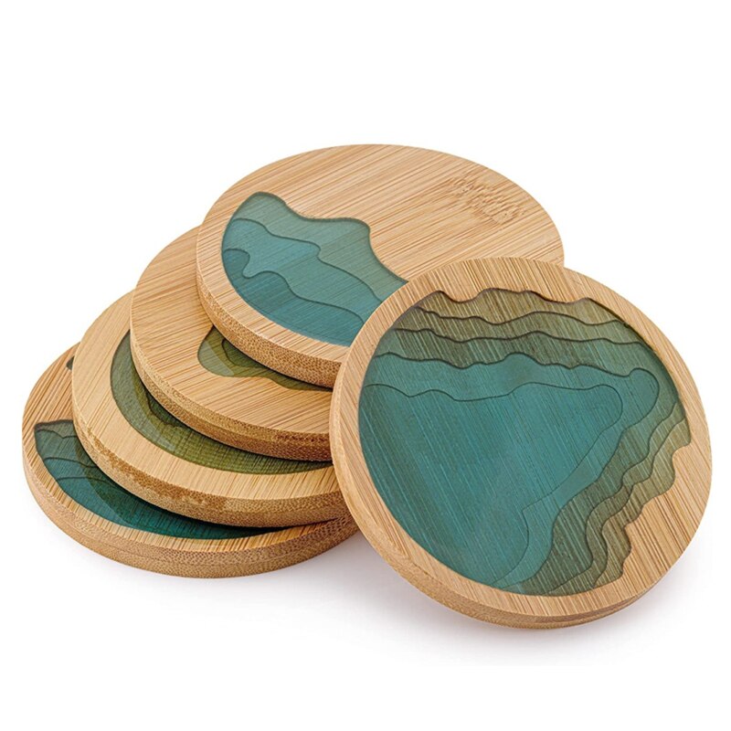 5 Pack Wood Coasters Round Ocean Wave Epoxy Resin and Bamboo Coaster Drink Mat Home Decorations