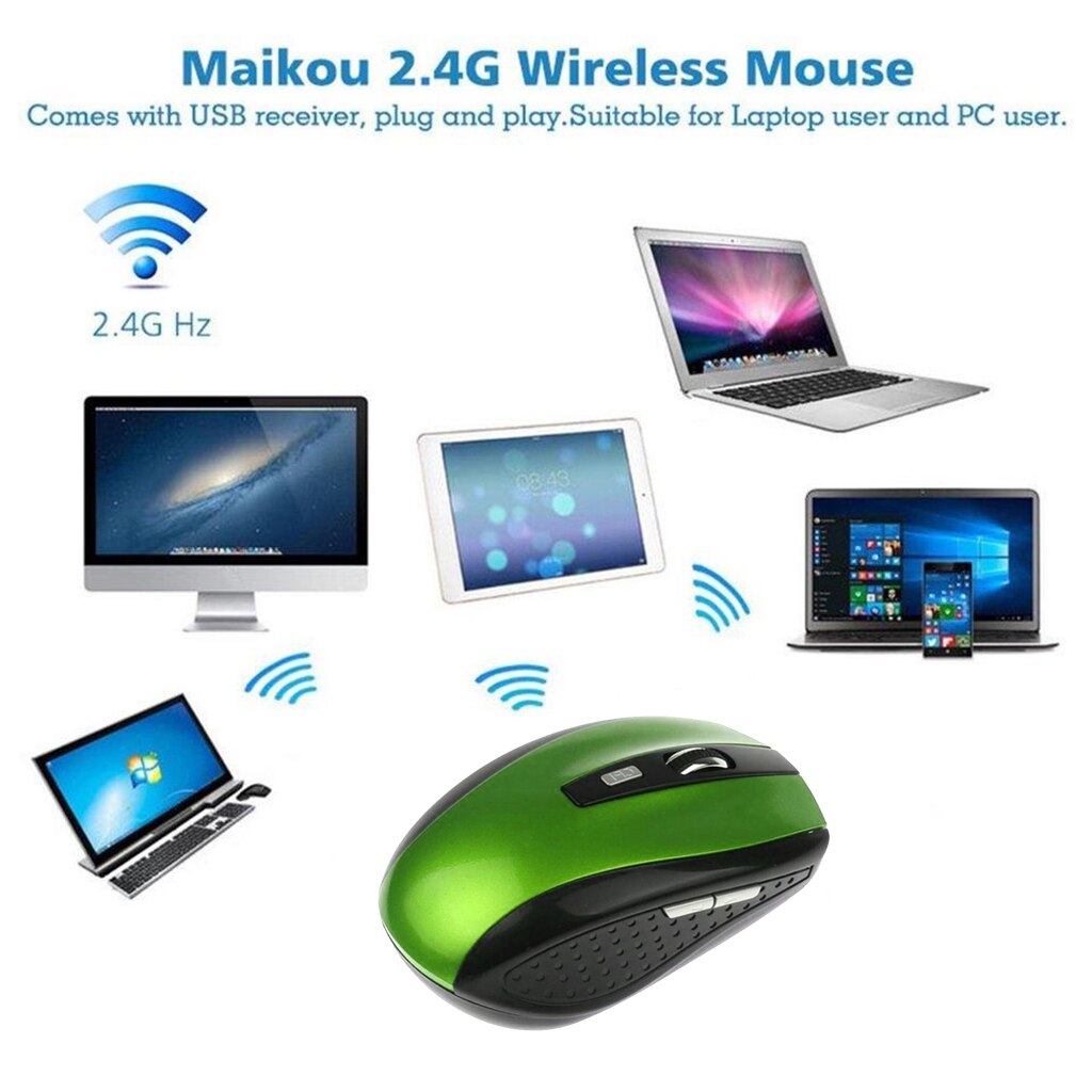 2.4G Wireless Ergonomic Optical Mouse, 1800 DPI, 6 Buttons with USB 2.0 receiver for Macbook Laptop, Desktop, PC, -Green