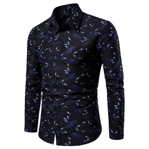 Camisa a la para hombre 4XL, cuello vuelto, informal, manga larga, estampado de hojas, botón, camisa delgada de talla grande, camisa de Negocios Sociales para hombre: Azul / M