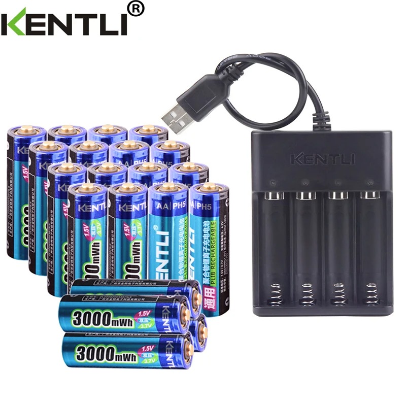 KENTLI 1,5 V 3000 mWh Lithium-Li-Ionen-AA-AA-Akku + 4-Kanal-Polymer-Lithium-Li-Ionen-Akku, Ladegerät