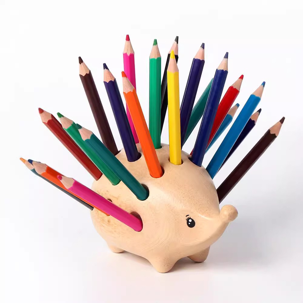Portalápices de erizo con 21 agujeros, juego de soporte para lápices artísticos de madera, decoración de mesa de superficie lisa, contenedor para bolígrafos, almacenamiento de escritorio