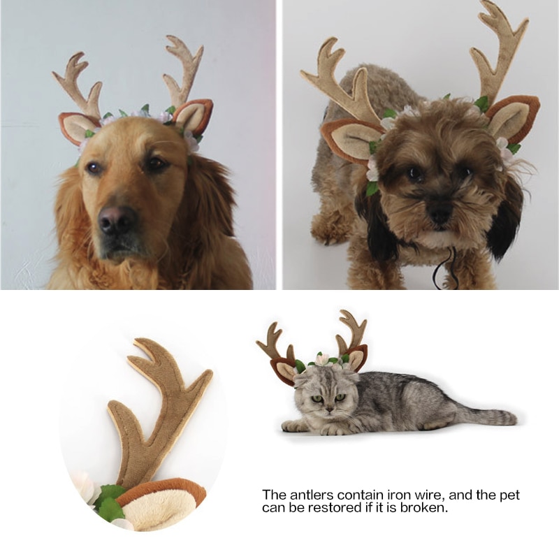Husdjur jul horn ren huvudbonad pannband hund katt husdjur cosplay dress up rådjur hatt blommig pannband hund års kostym