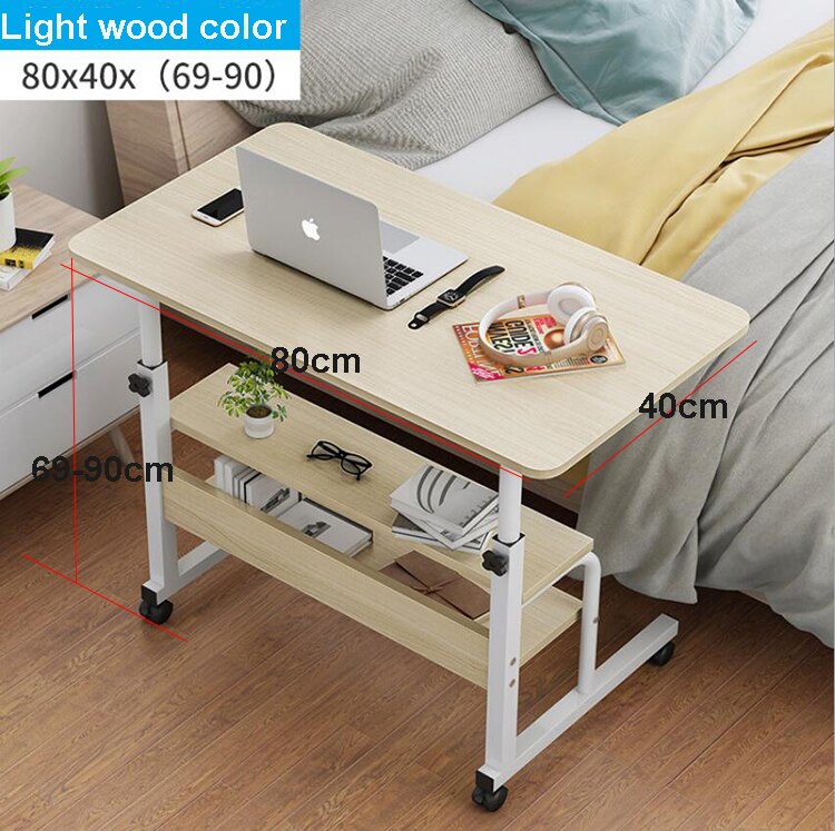 Wooden Laptop Table with Wheels Shelf Storage Height Adjustable Laptop Desk Computer Stand Desk for Sofa Bed Beside: Light wood color B