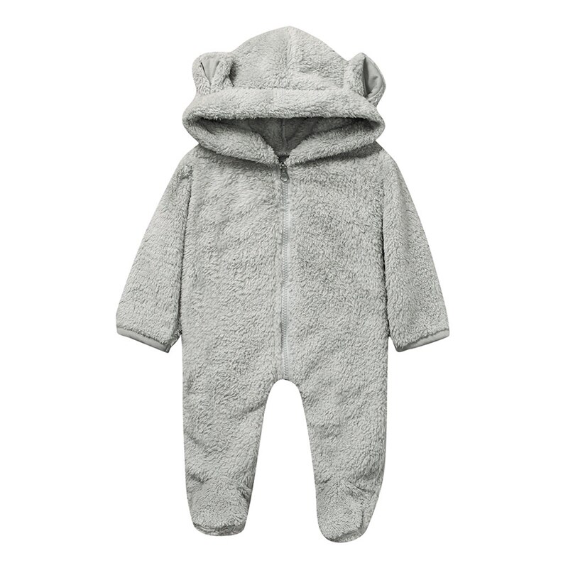 Baby Winter Jumpsuit Mooie Lange Mouwen Fleece Hooded Romper Solid Uitloper Pyjama Stijl Voor Baby Meisjes Jongens 0-2Y: Gray / 80