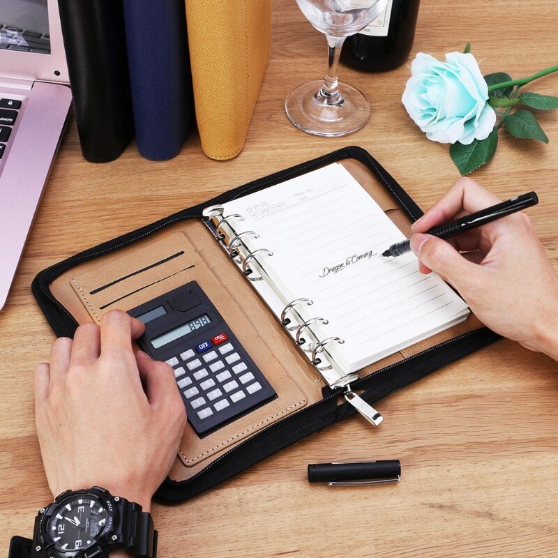 PU Leather Cover A6 Zipper Notebook Loose-Leaf Business Notepad With Calculator 20CB