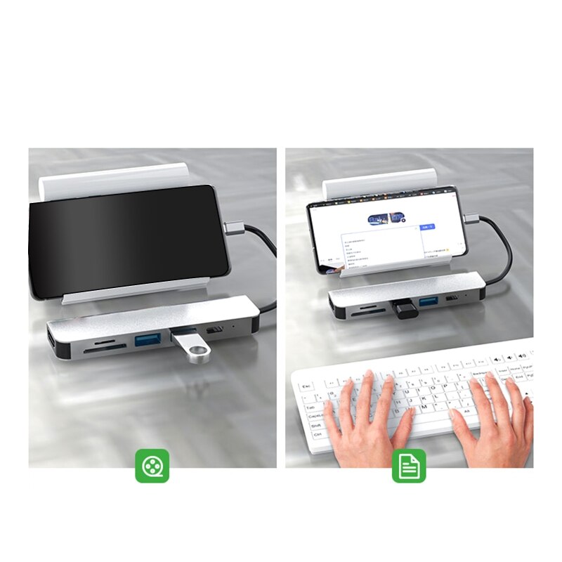 6-in-1 Type-C Extension Hub Laptop Computer Peripheral Docking Station Adapter