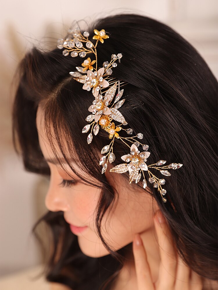 Bröllop tiara bladguld blomma hår kam handgjord brud pannband ädla kvinnor hår smycken bröllop accessoarer hår brud