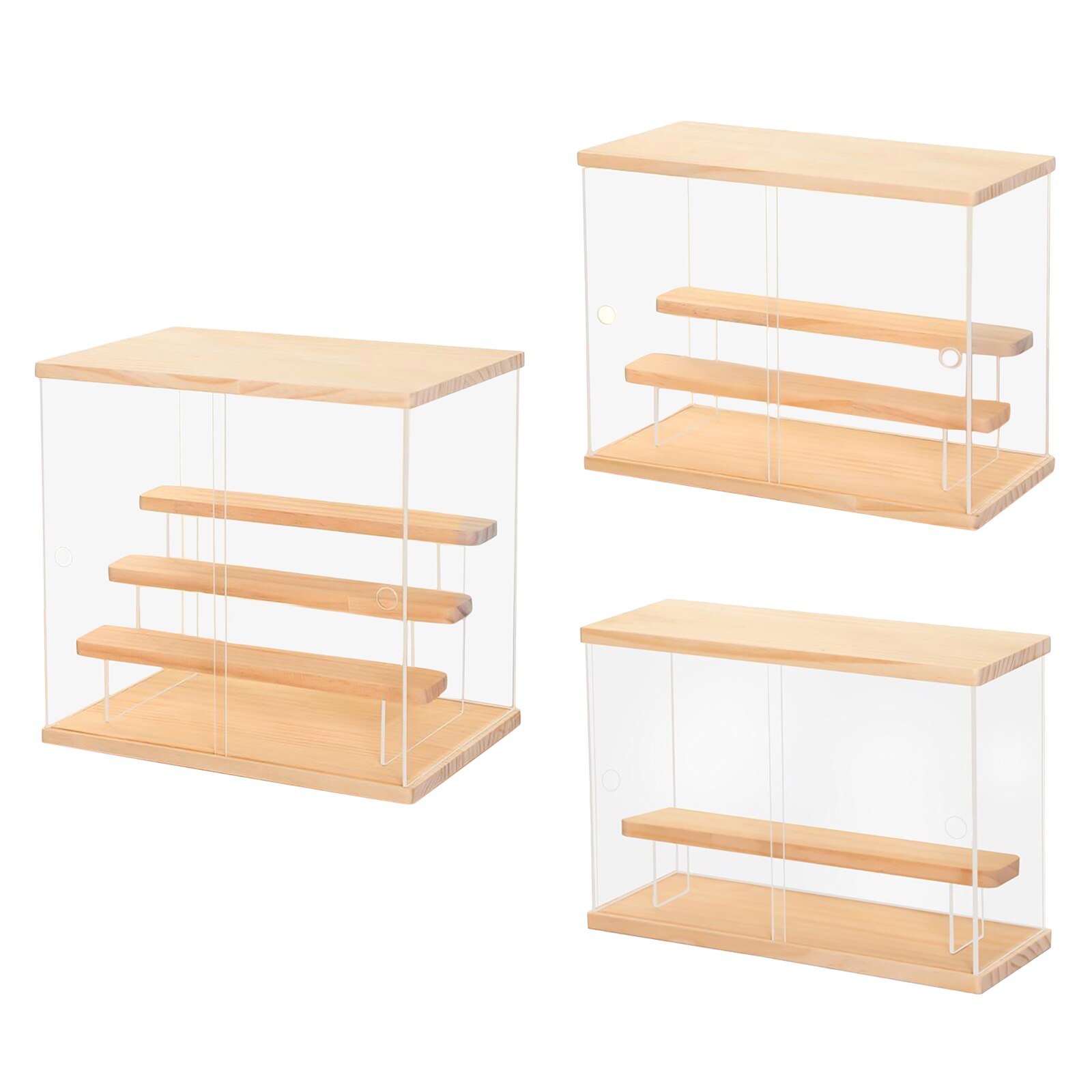 transparent Acryl Anzeige fallen Schutz Lagerung Würfel Schaufenster Container Holz Basis für Puppe Figuren Parfüm