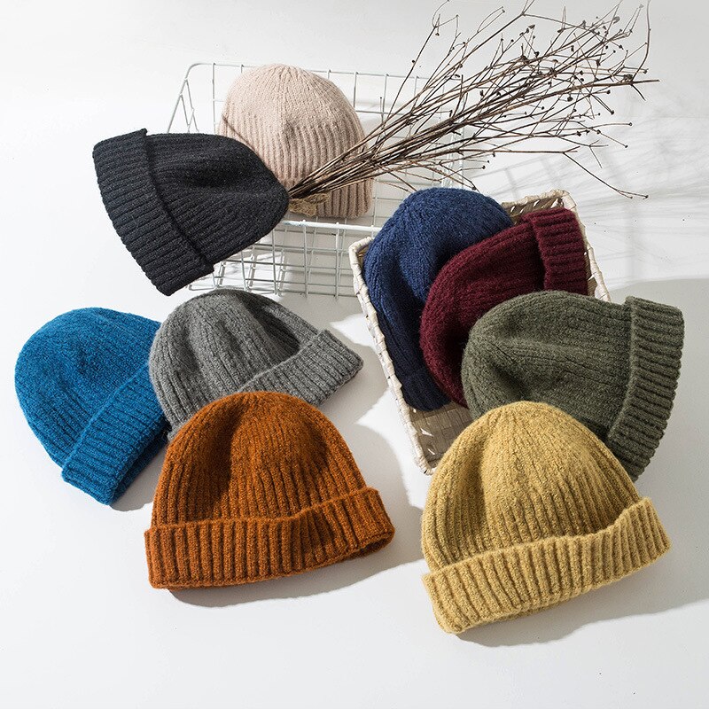 Gorrito de punto acanalado con puños para hombre y mujer, gorro corto cálido, informal, Color sólido, holgado, para invierno