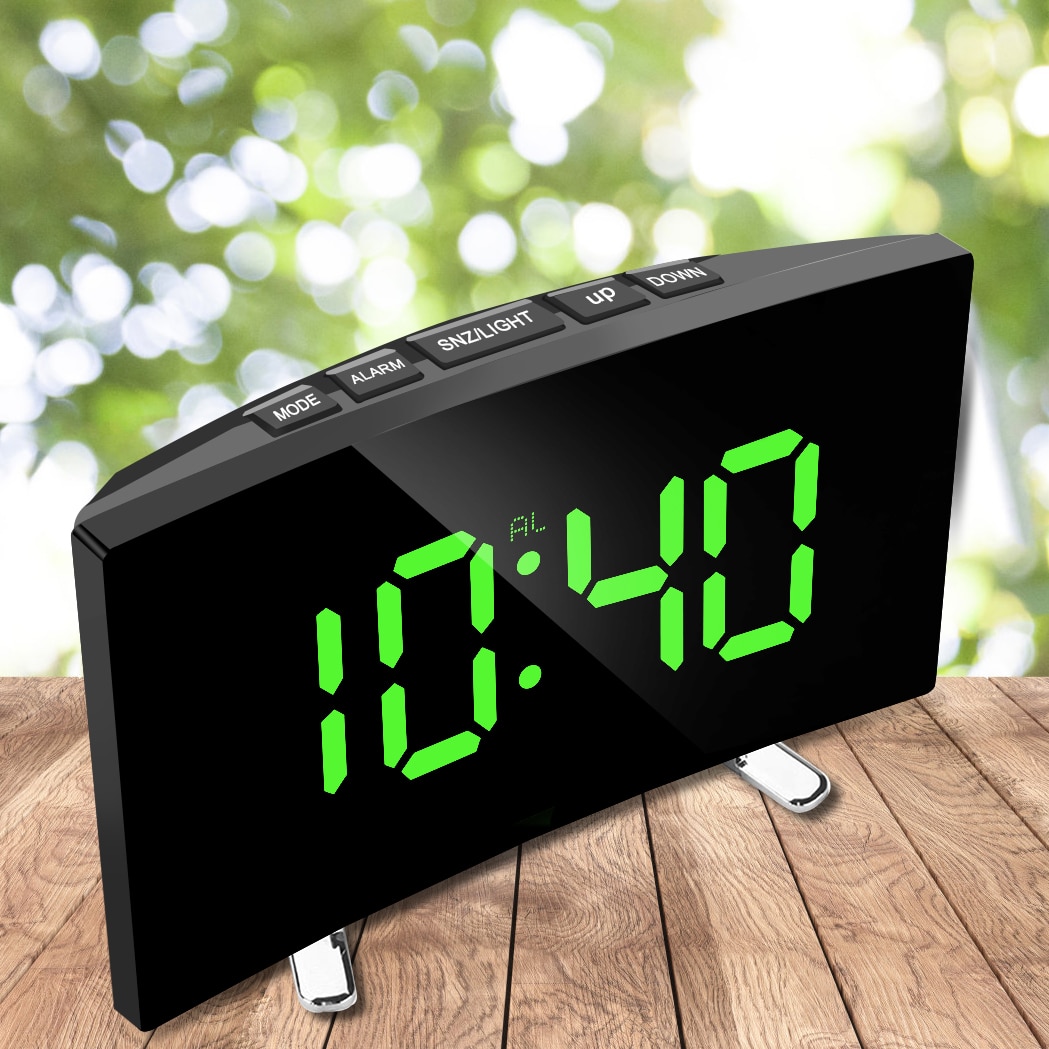 7 Inch Digital Table Clock LED Screen Large Number Alarm Clocks For Kids Bedroom Curved Dimmable Mirror Face