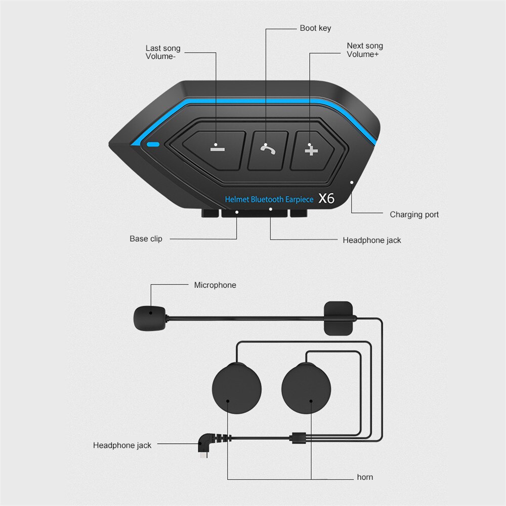 2Pcs/Lot Motorcycle Bluetooth Intercom Helmet Intercom Upto 2 Riders 1000M Wireless Waterproof Interphone Headsets X6