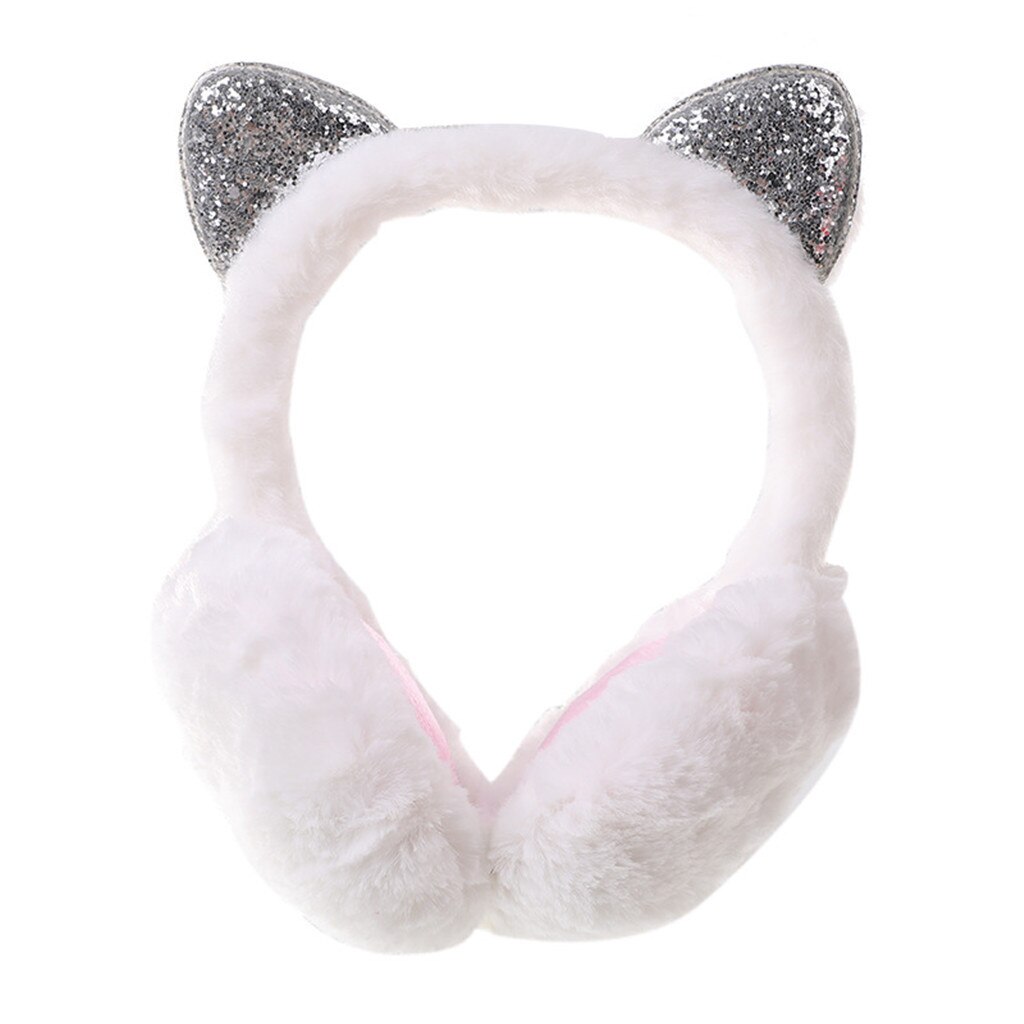 Femmes fille fourrure hiver cache-oreilles chat oreille tour d'oreille paillettes Sequin cache-oreilles bandeau cache oreille: White