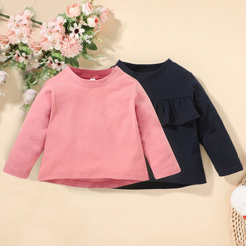 Nieuwkomers Winter Kinderen Casual Lange Mouwen O Neck Solid Roze Donkerblauw Mode Baby Meisje T-shirt 0-2T