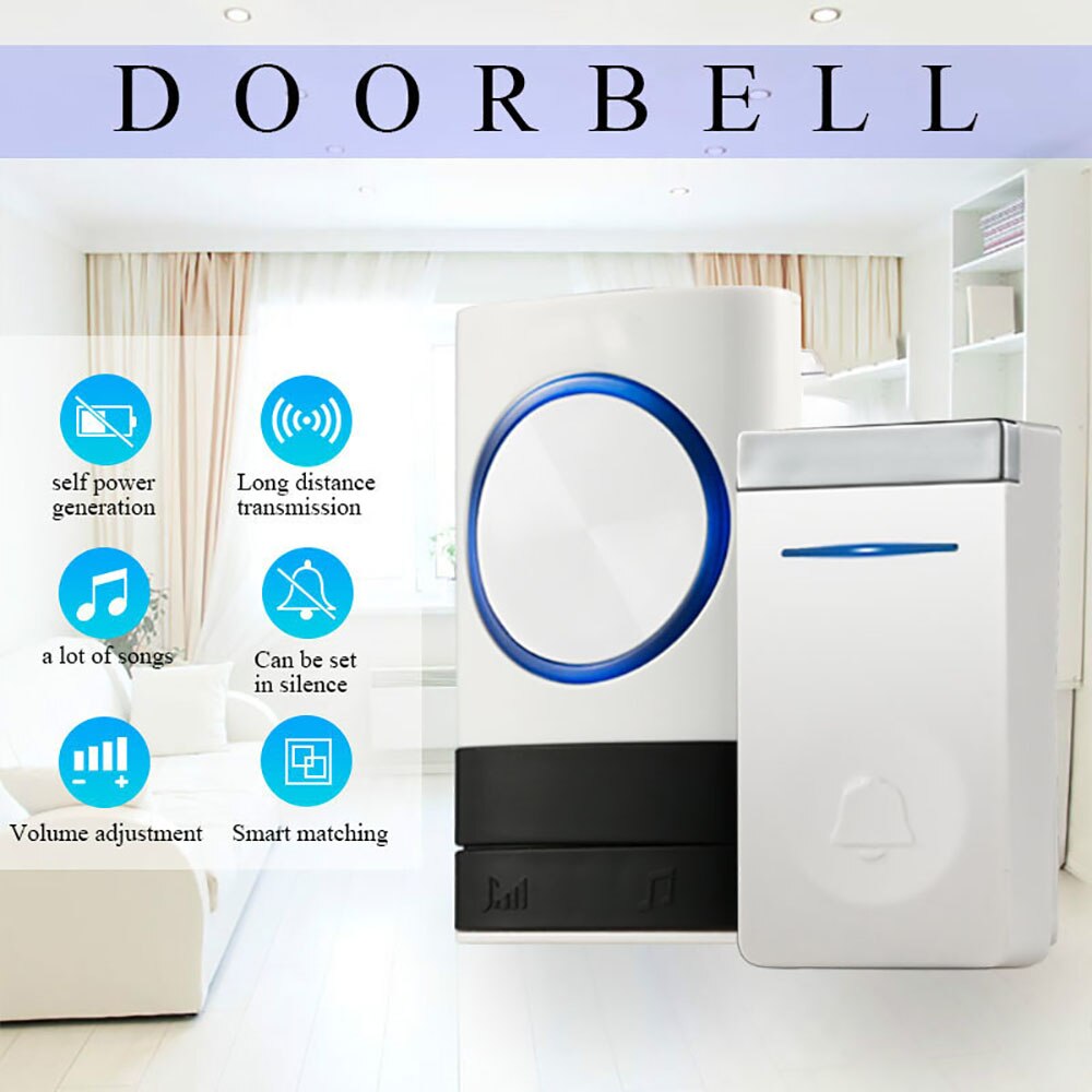 Self-powered Wireless Doorbell US Plug No Battery Waterproof 150m Range Push Button Door Bell Ring Chime For Light LED: Option 1-1-W / EU plug