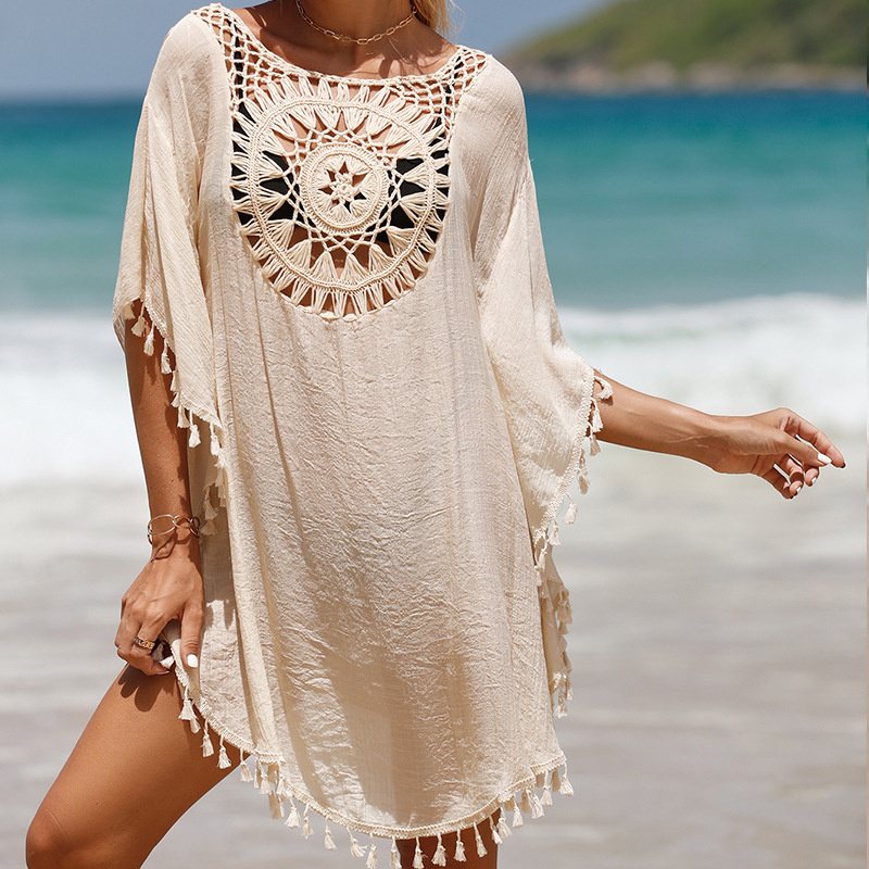 CROCHET BIKINI-Women's Sexy Swimsuit Cover Up Dress Summer Bathing Suit Beachwear Shirt Cover-ups for Women: Beige