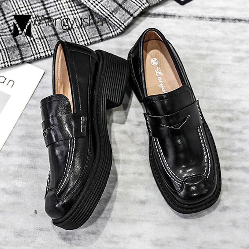 Creepers Loafers british retro square toe derby shoes women sewing flats slip on thick heels oxfords ladies small leather shoes