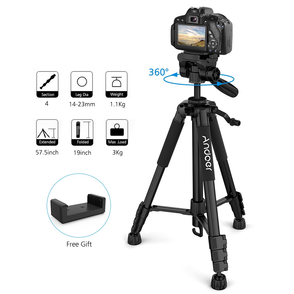 Andoer TTT-663N treppiede leggero da 57.5 pollici per fotocamera da viaggio per fotografia supporto per riprese Video DSLR SLR videocamera con borsa