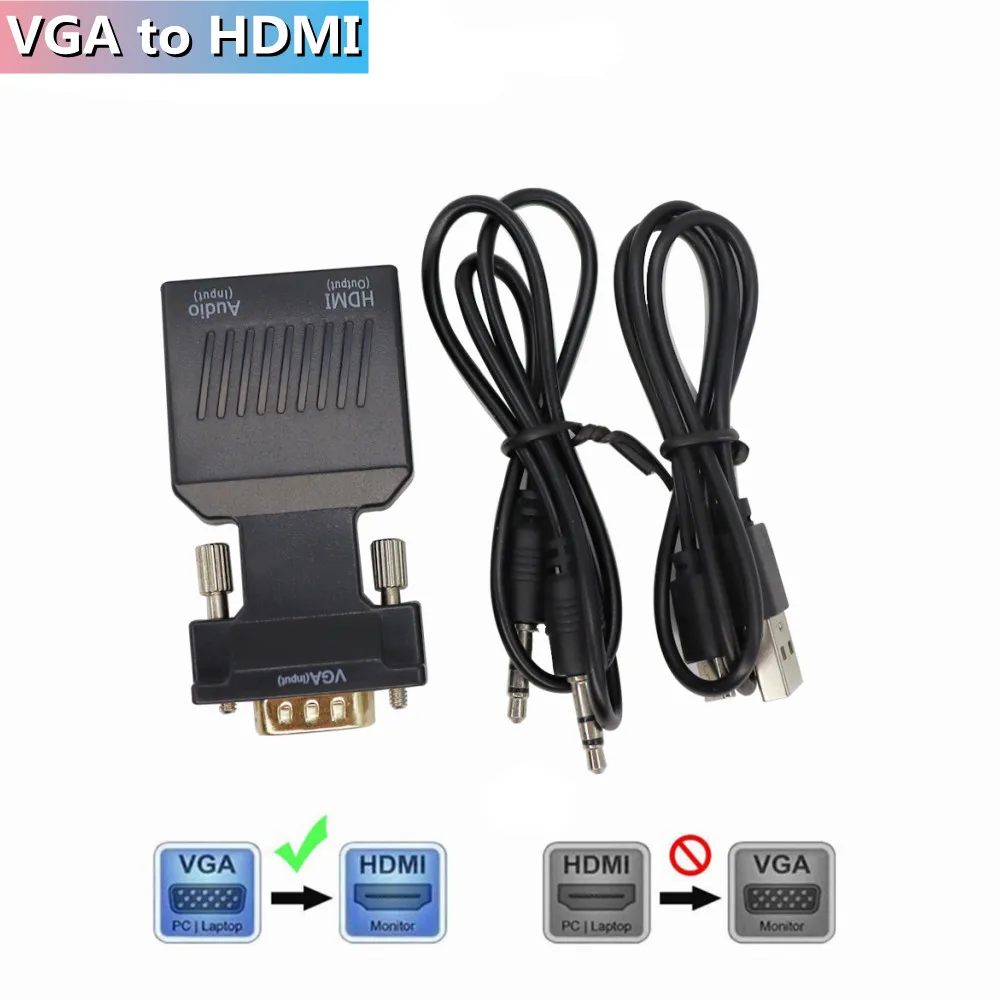 Adaptador convertidor HD 1080P VGA a HDMI con Audio para PC portátil a proyector HDMI adaptador compatible con HDMI a VGA: Negro