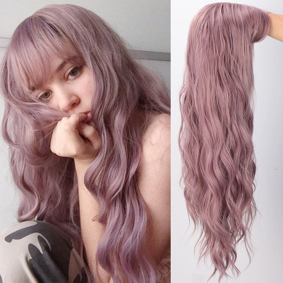 AISI Beauty Long Water Wave Synthetic Wigs with Bangs Mix Brown Wig for Women Pink Red Black Heat Resistant Hair: boteng