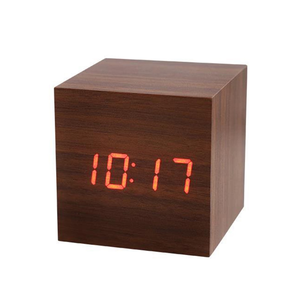 Led Digitale Houten Geluid Controle Vierkante Snooze Functie Usb/Aaa Elektronische Tafel Wekker Duurzaam Retro Glow Klok: Bruin