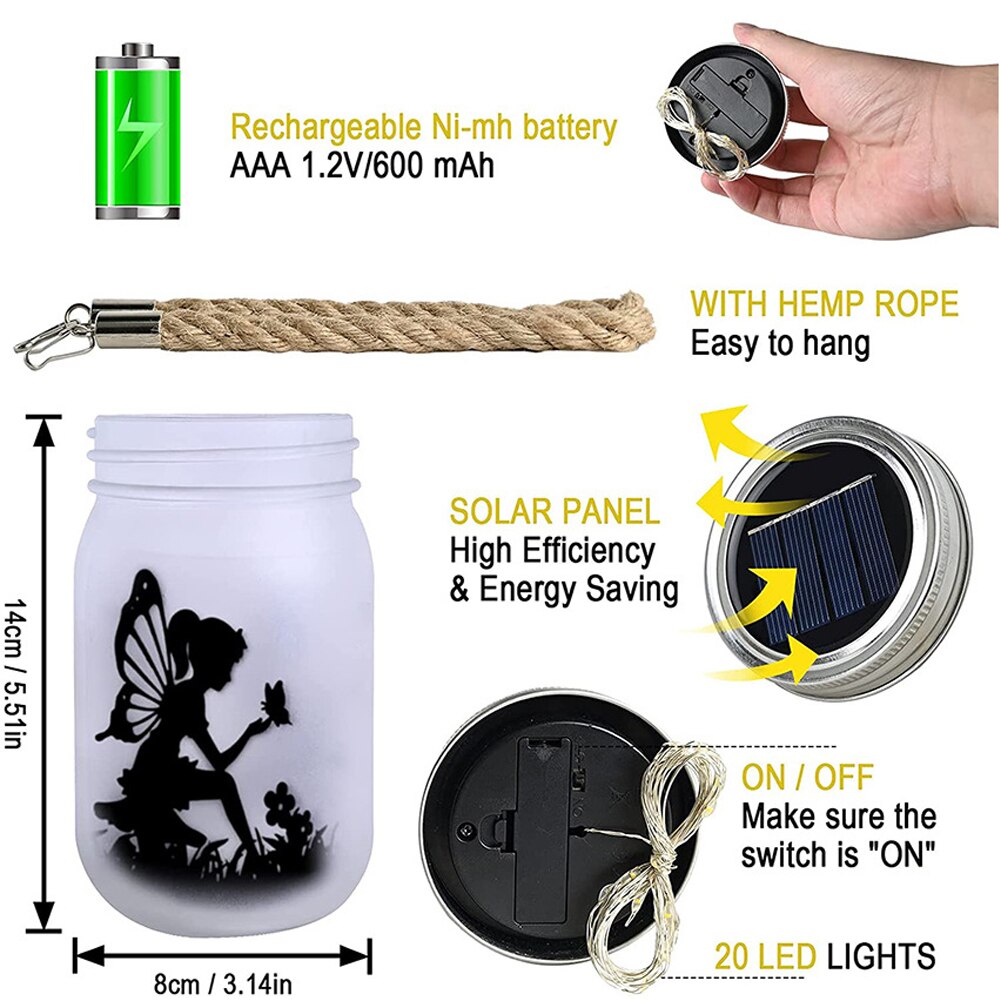 2PCS Hanging Frosted Glass Mason Jar Fairy Lights,Solar Garden Waterproof lights Solar Fairy Lantern Light