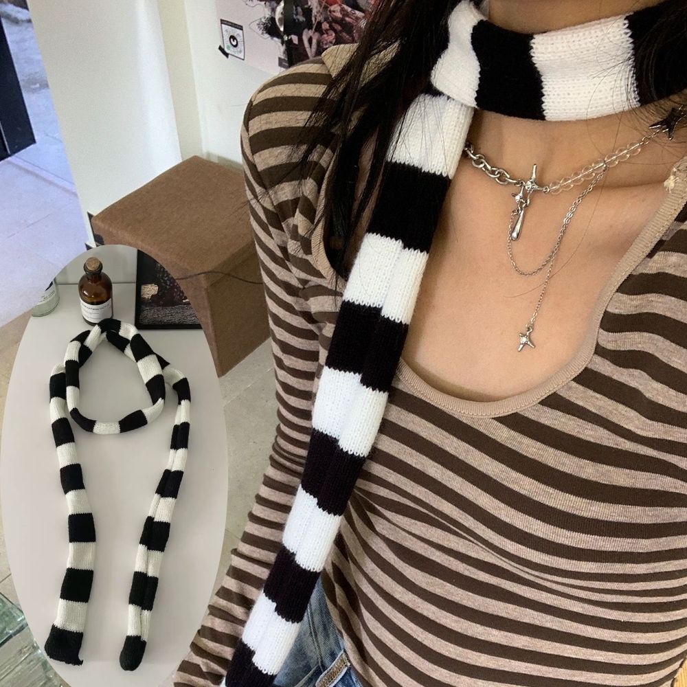 Bufanda a rayas blancas y negras Y2K, bufandas tejidas ajustadas y estrechas Harajuku para mujer, decoración, calentador de cuello grueso, bufanda larga con lazo