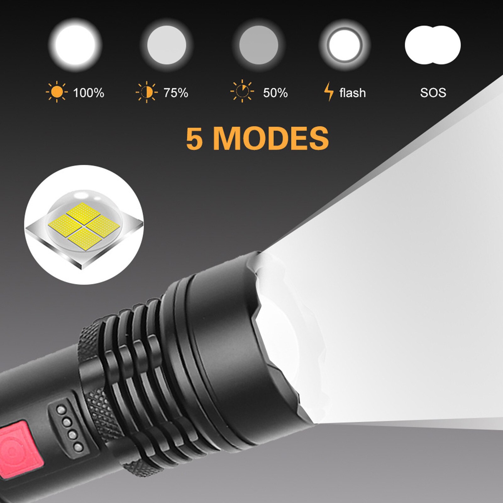 Led Flashlight Ultra Bright Torch Camping Light 5 Switch Travel Usb Rechargeable Waterproof Bicycle Light Use 18650 Battery