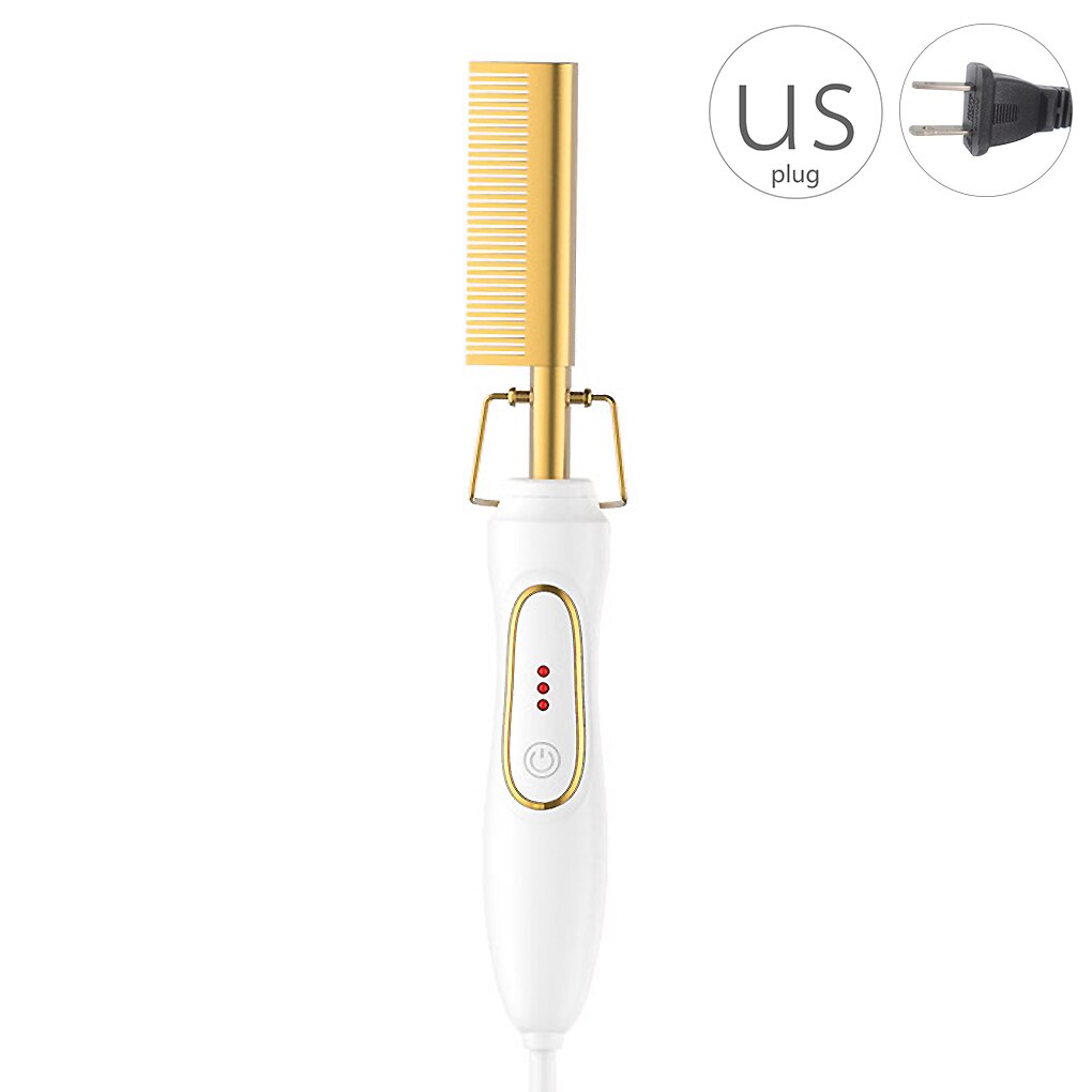 Multifunction Hair Straightener Flat Irons Wet Dry Use Brush Comb Heating Hair Straight Styler Curling Iron Hair Curler Comb: US Plug White