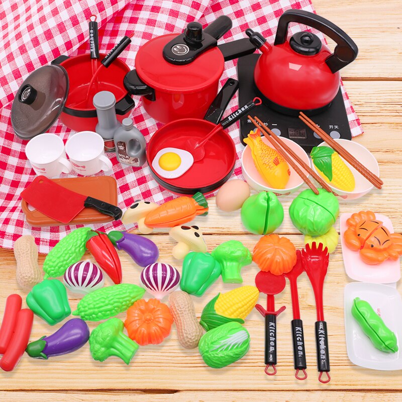 Children Pretend Play Kitchen Tools Simulation Induction Cooker Pot Food Utensils Toys Fruit Vegetable Food Cutting Toy