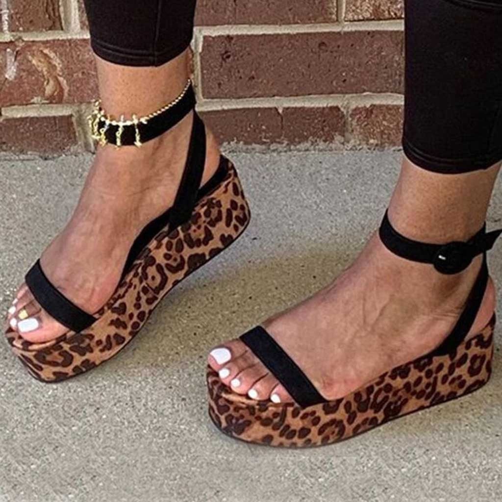 38# Wedges Shoes For Women Womens Leopard Print Open Toe Platform Buckle Ankle Straps Beach Shoes Sandals Chunky Heels: 41