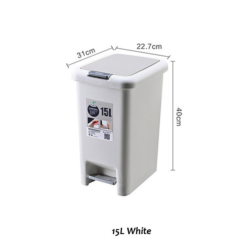 Cubo de basura de plástico de 10l/15l, cubo de basura cuadrado, Pedal de pie para el hogar, cocina, baño, papelera, porta bolsa de basura: White 15L