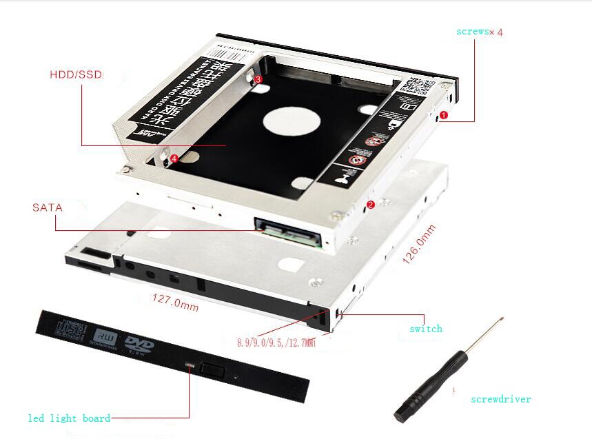 Caddy de disque dur SSD SATA de 12.7mm pour ASUS X70L X70S X70Z X71 X71A X71Q X71SL X71T X71TL X71TP X71V X71VN X70IO