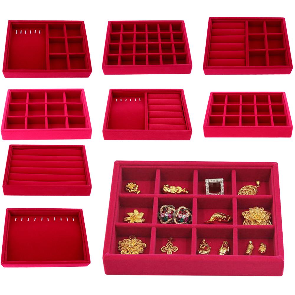 Portable Velvet Jewelry Ring Earring Insert Display Organizer Box Wooden Flat Stackable Tray Drawer Display Show Case