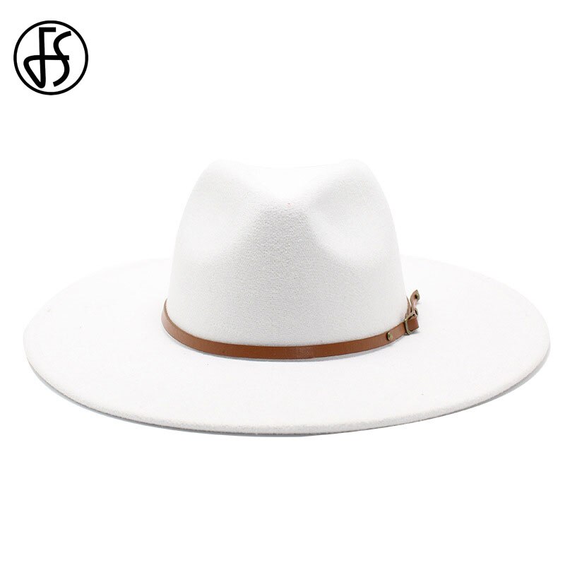 Fs stor imiteret uld fedora hat kvinder mænd filthuer med metal kæde dekor hvid panama trilby cowboy jazz cap chapeau sombrero: Hvid